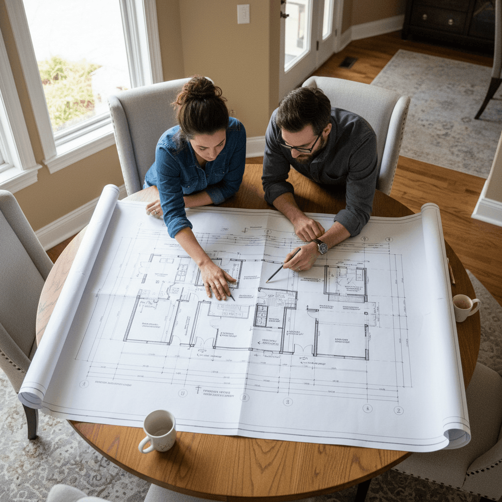 Homeowner and designer reviewing floor plan together at table