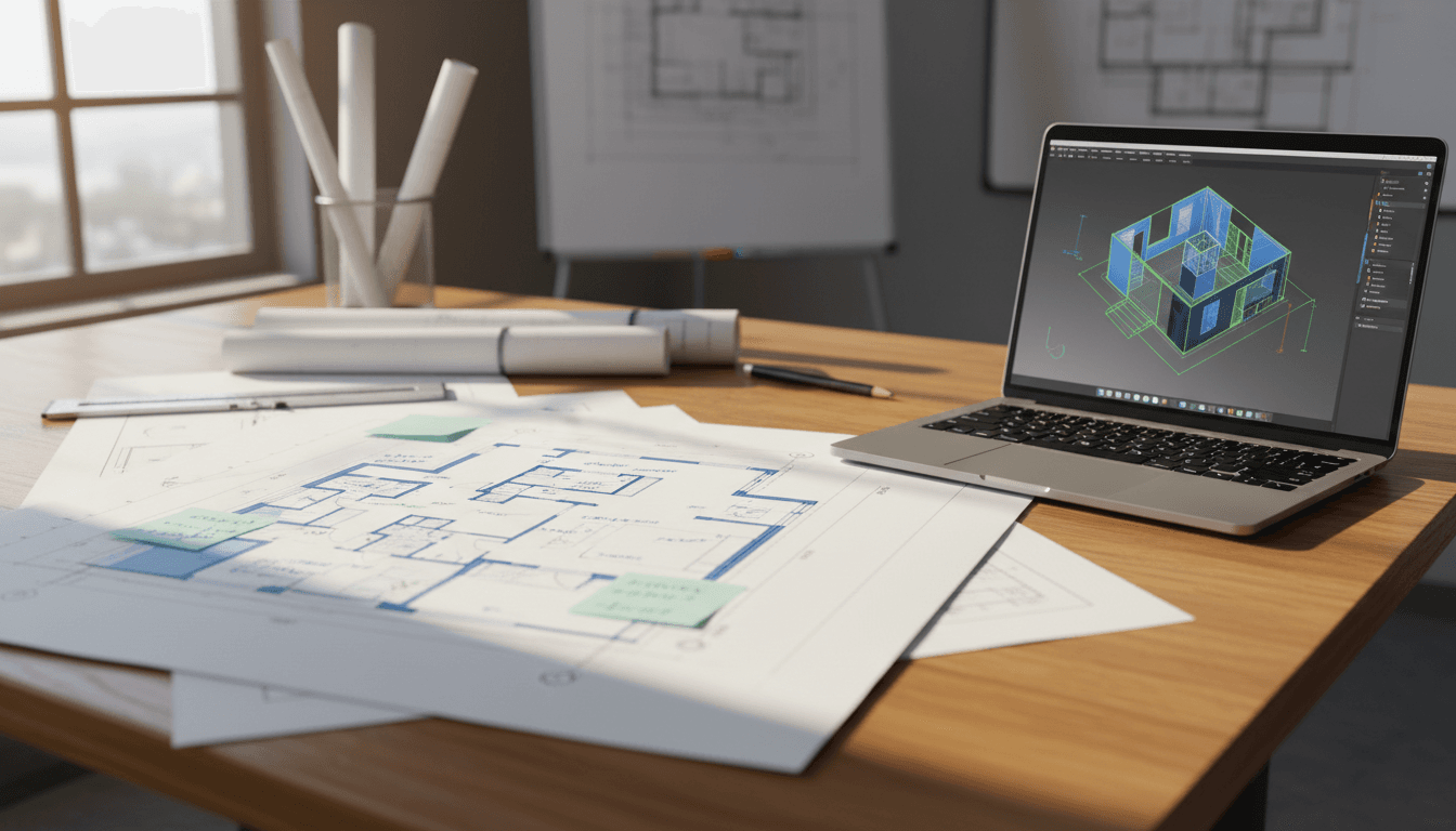 Professional floor plan and 3D design displayed on drafting table with laptop