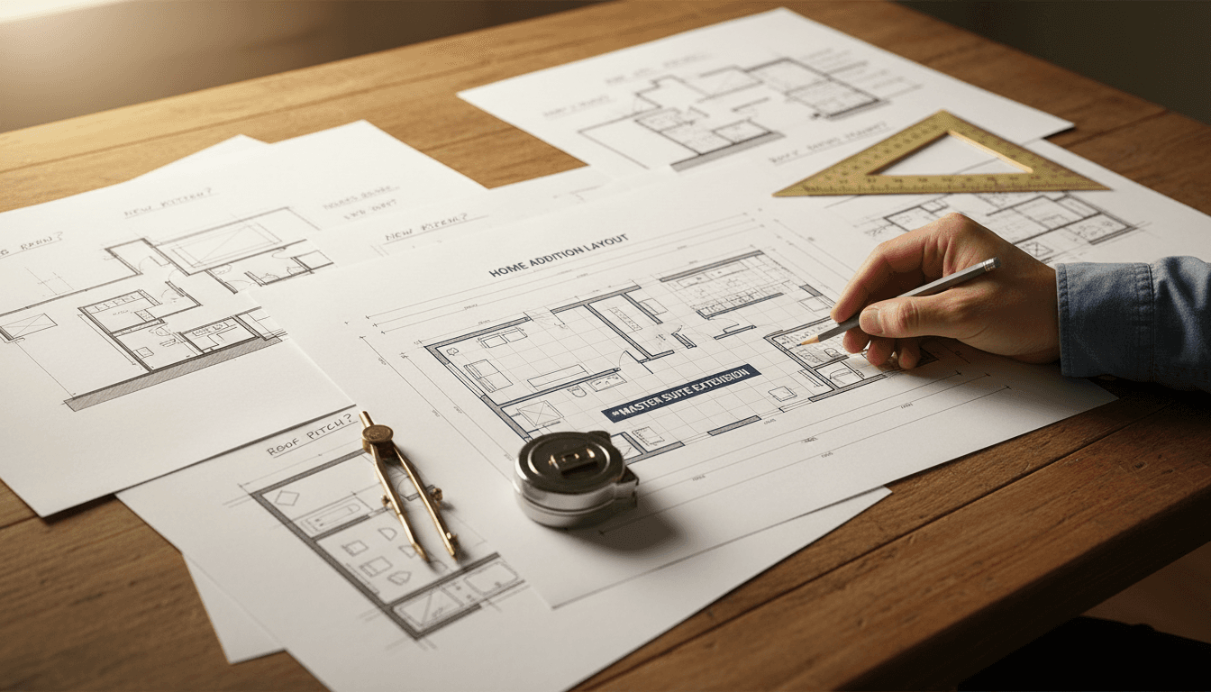Residential floor plan design sketches with measurements and 3D model details