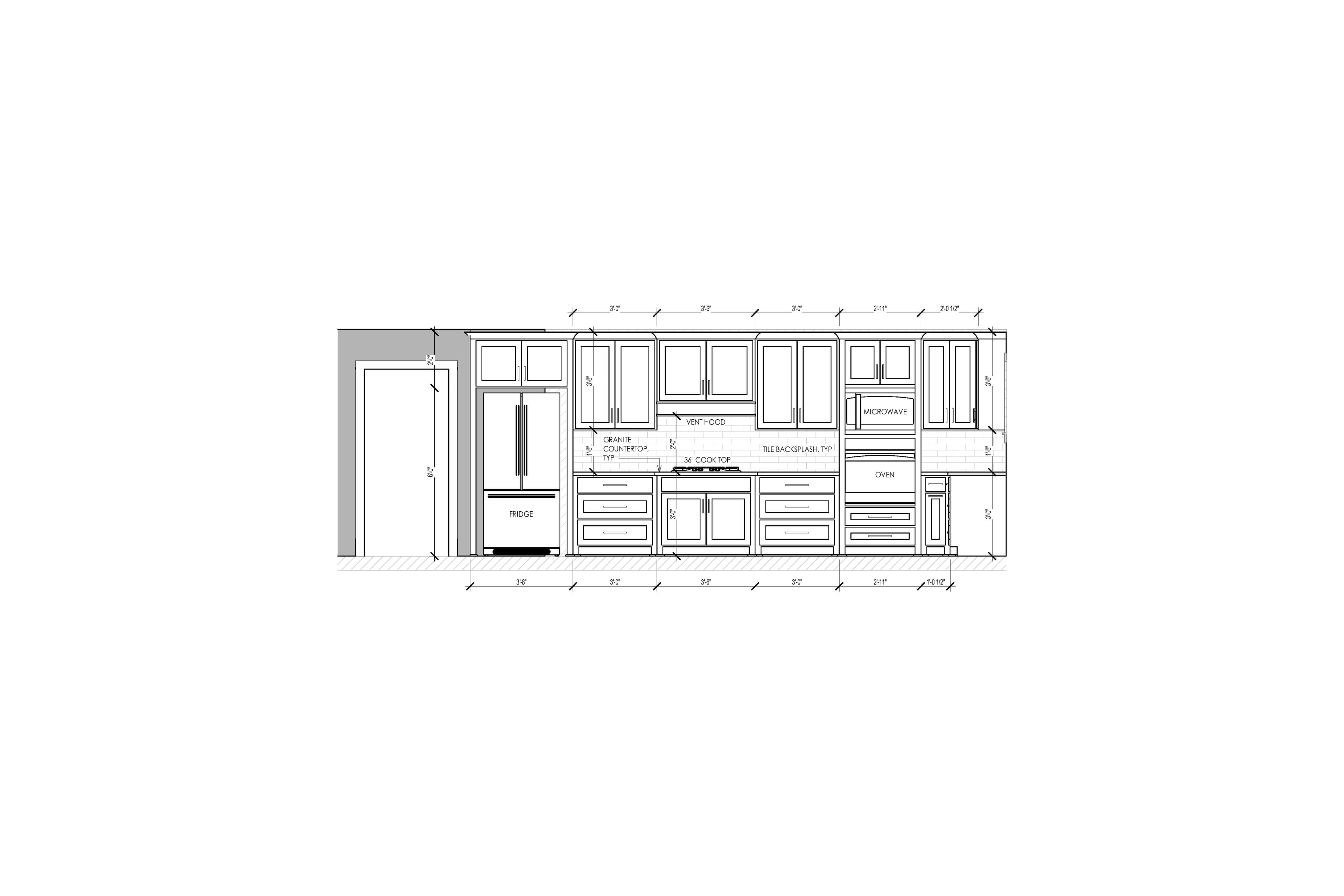 Architectural elevation of a kitchen wall featuring cabinets, appliances, and detailed measurement annotations.