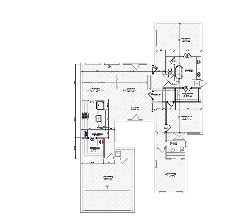 Architectural floor plan of a house showing garage, kitchen, living areas, and several bedrooms.