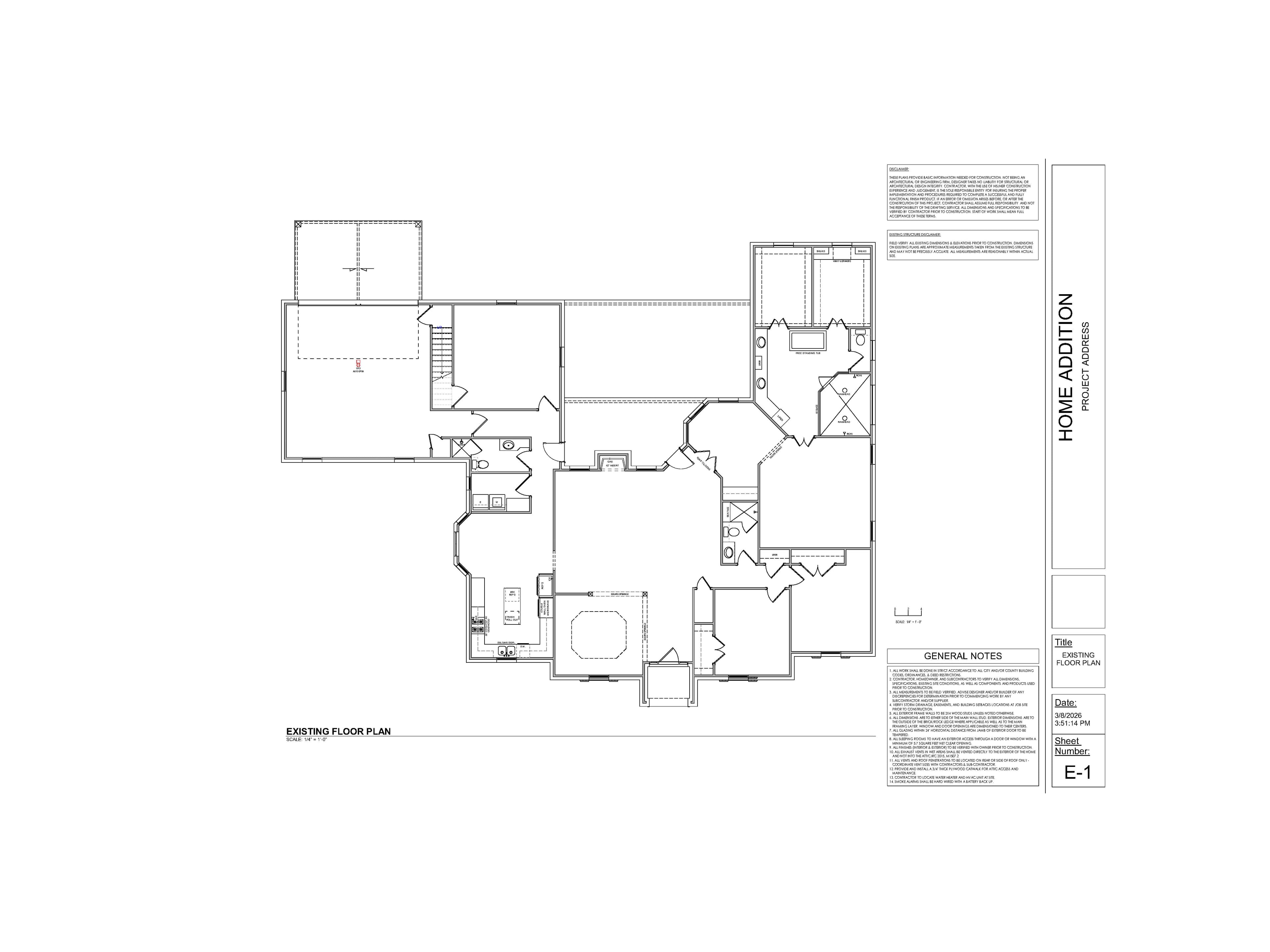 Architectural floor plan for a home addition project showing existing room layouts and fixtures.