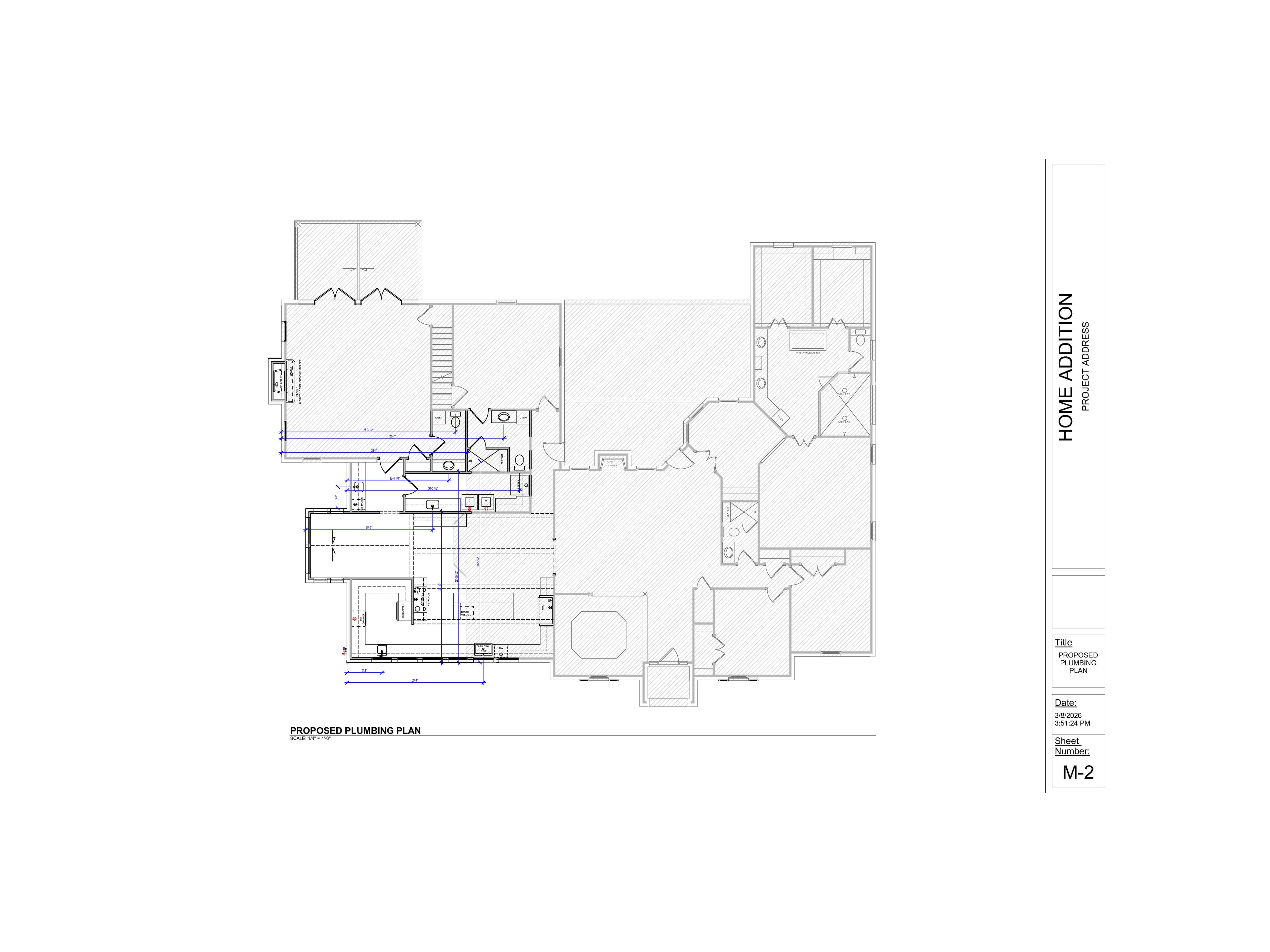Detailed architectural blueprint showing the proposed plumbing plan for a residential home addition project.