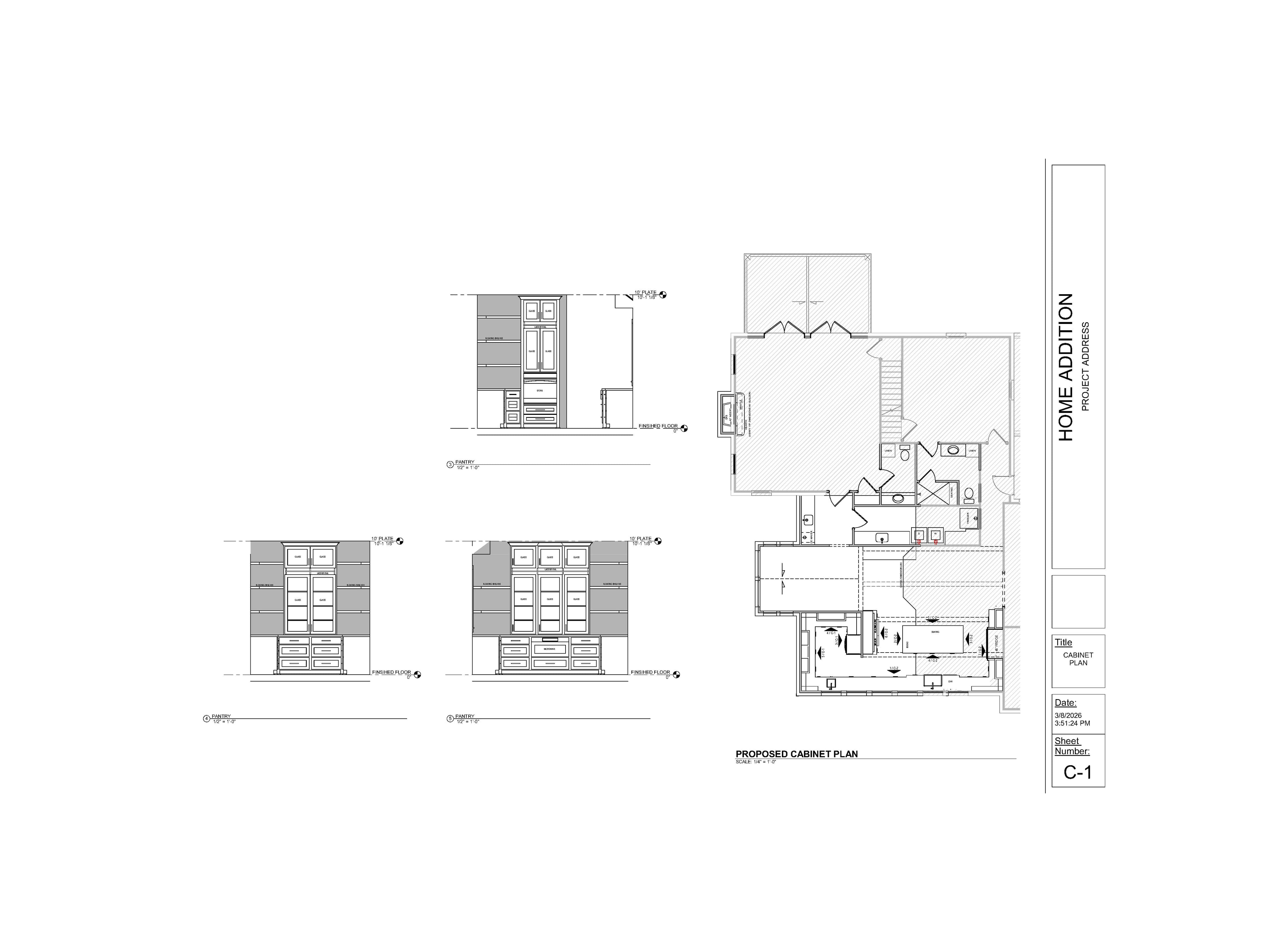 Architectural blueprint showing proposed cabinet plans, floor layouts, and elevation views for home addition.