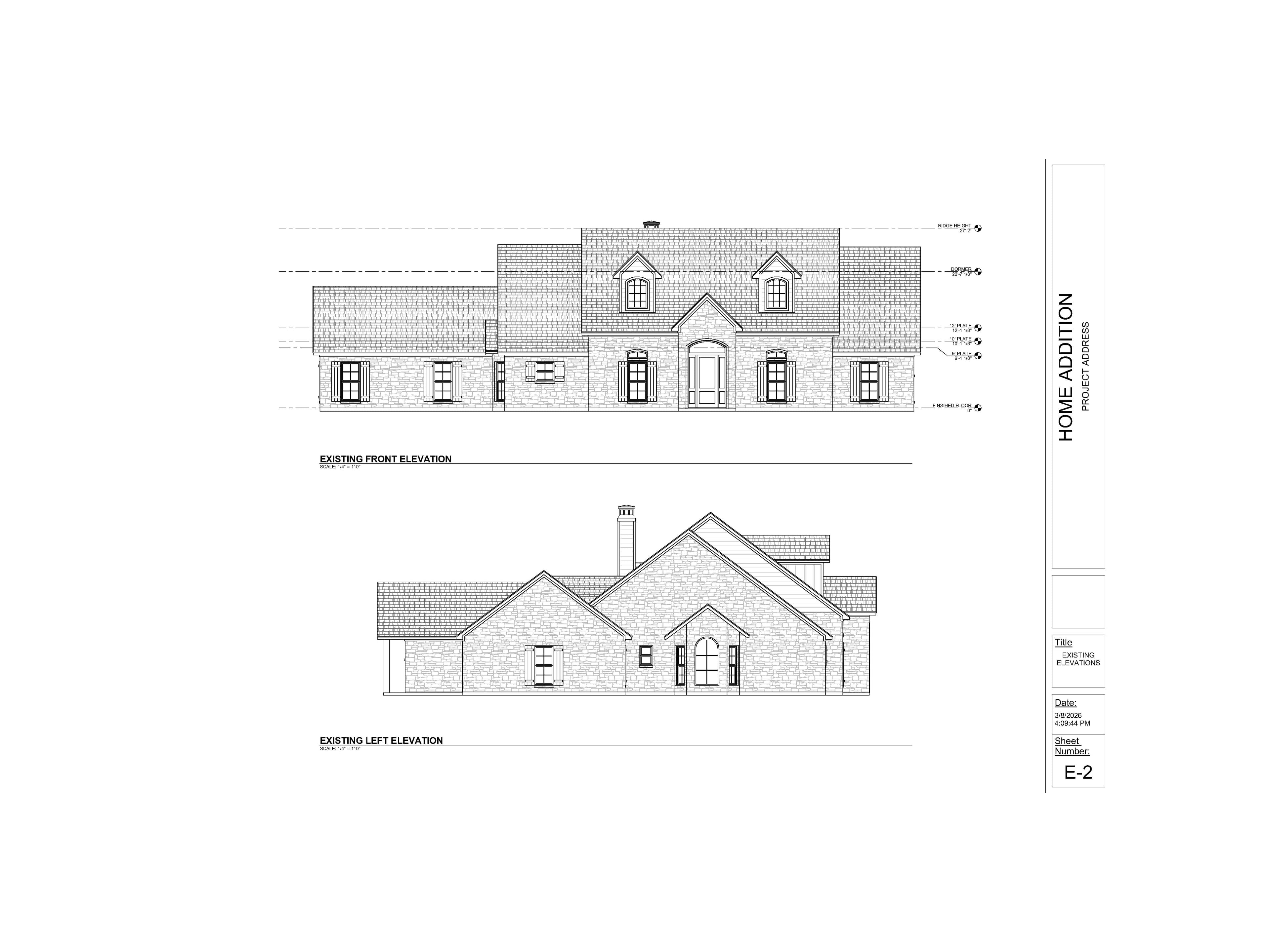 Architectural drawings of the front and left elevations for a two-story residential home addition.