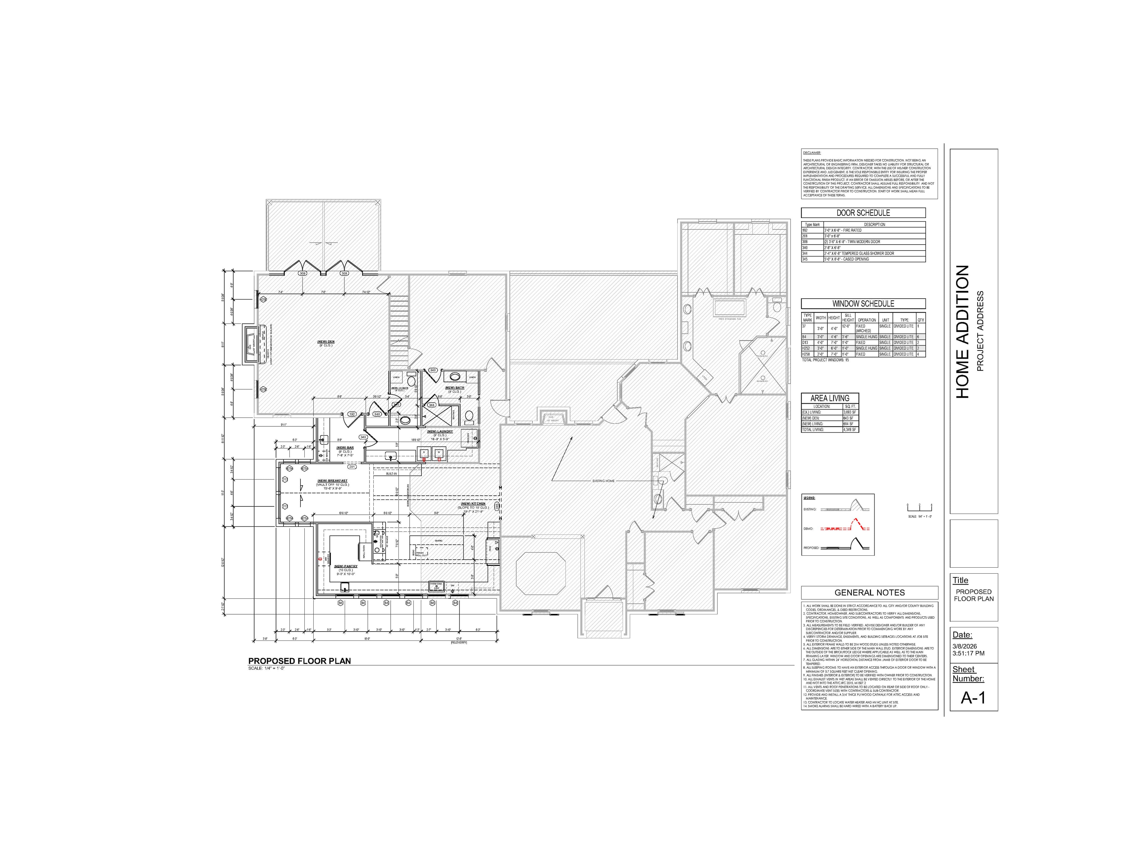 Architectural blueprint of a proposed home addition floor plan with room labels and technical schedules.