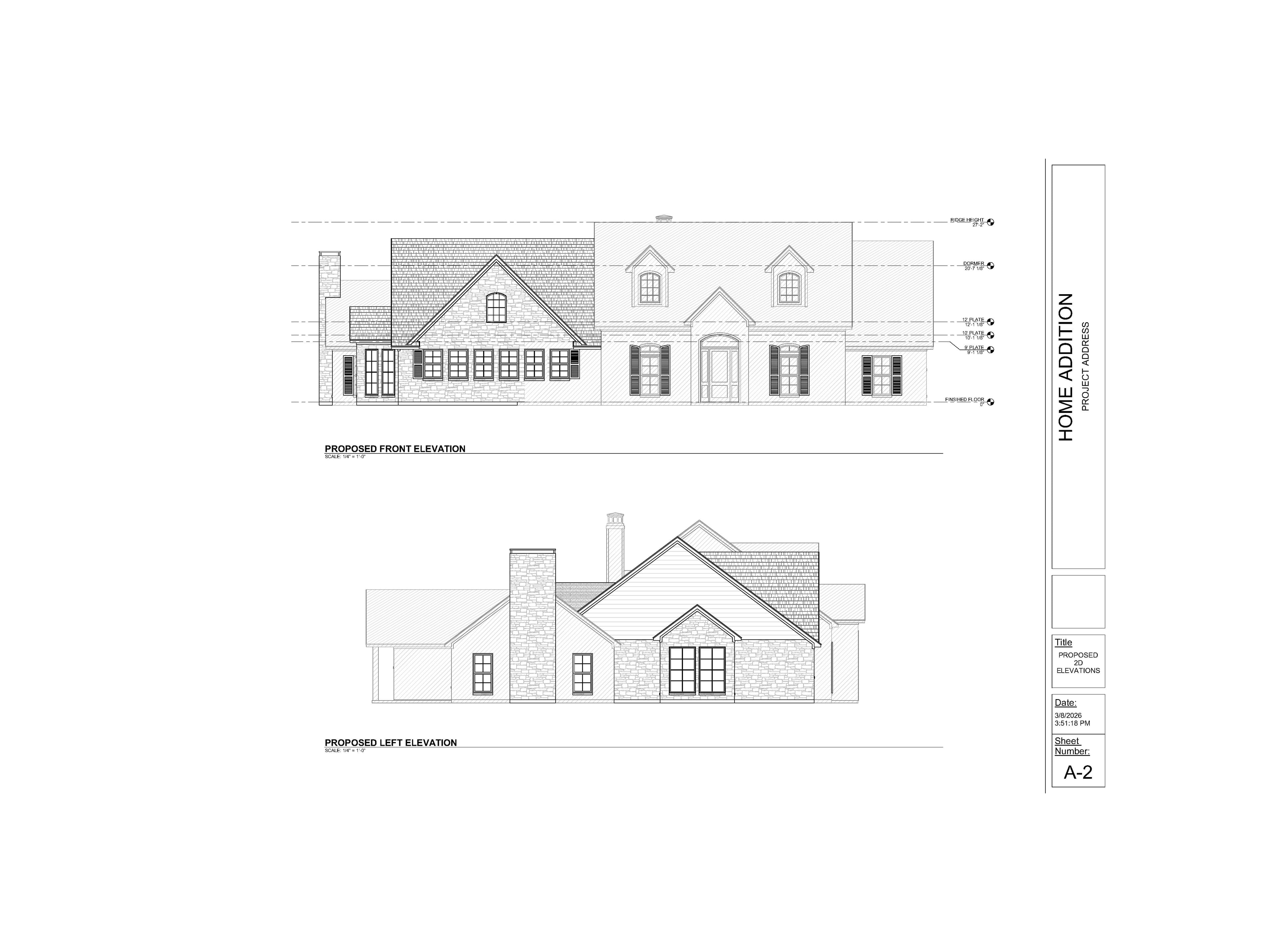 Architectural drawings showing proposed front and left elevations for a residential home addition project.