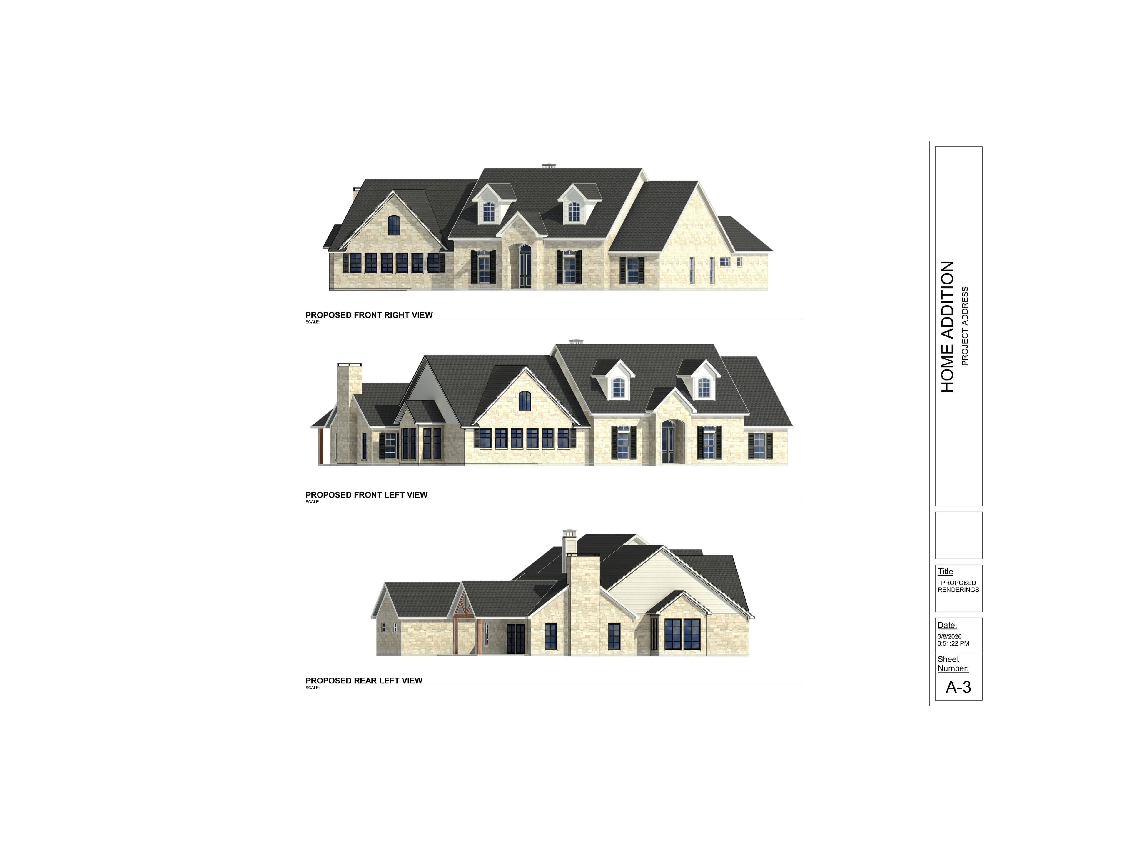 Architectural renderings of a home addition showing front right, front left, and rear left views.