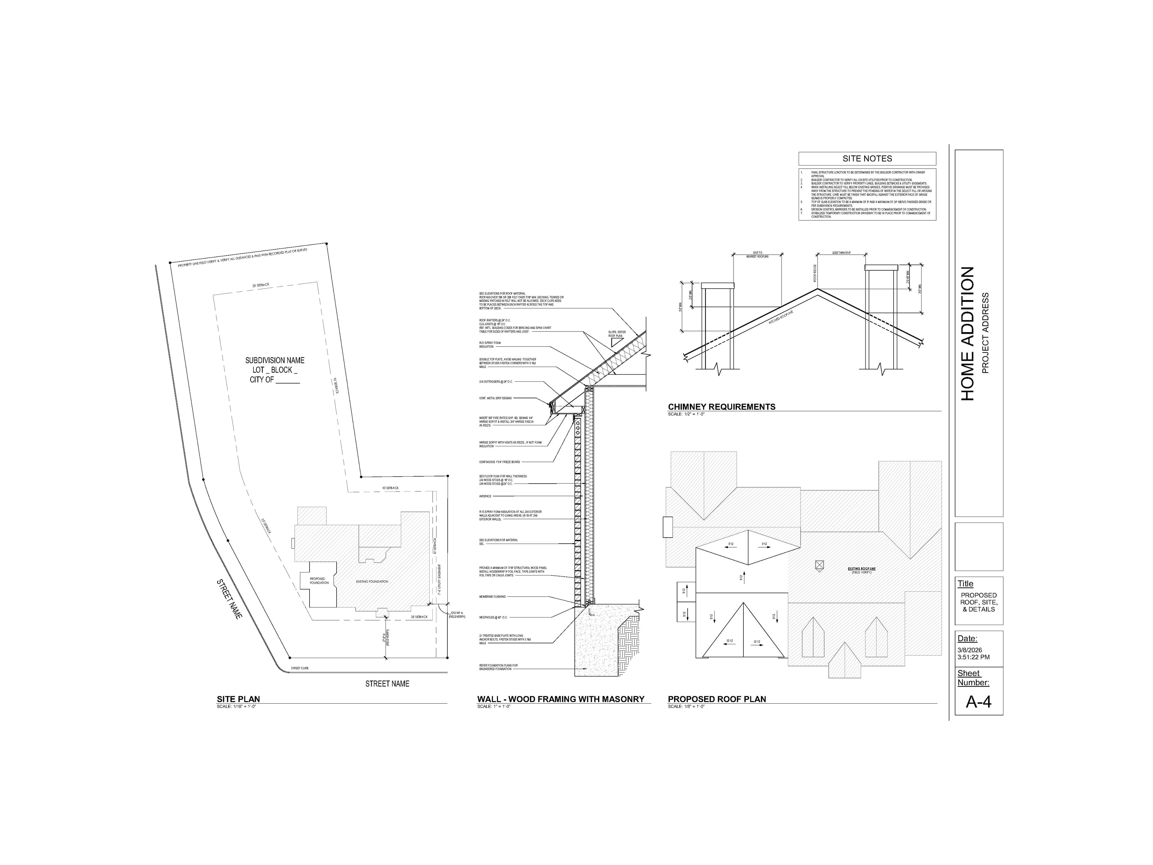 Architectural blueprint for a home addition including site plan, wall framing, and roof plan.