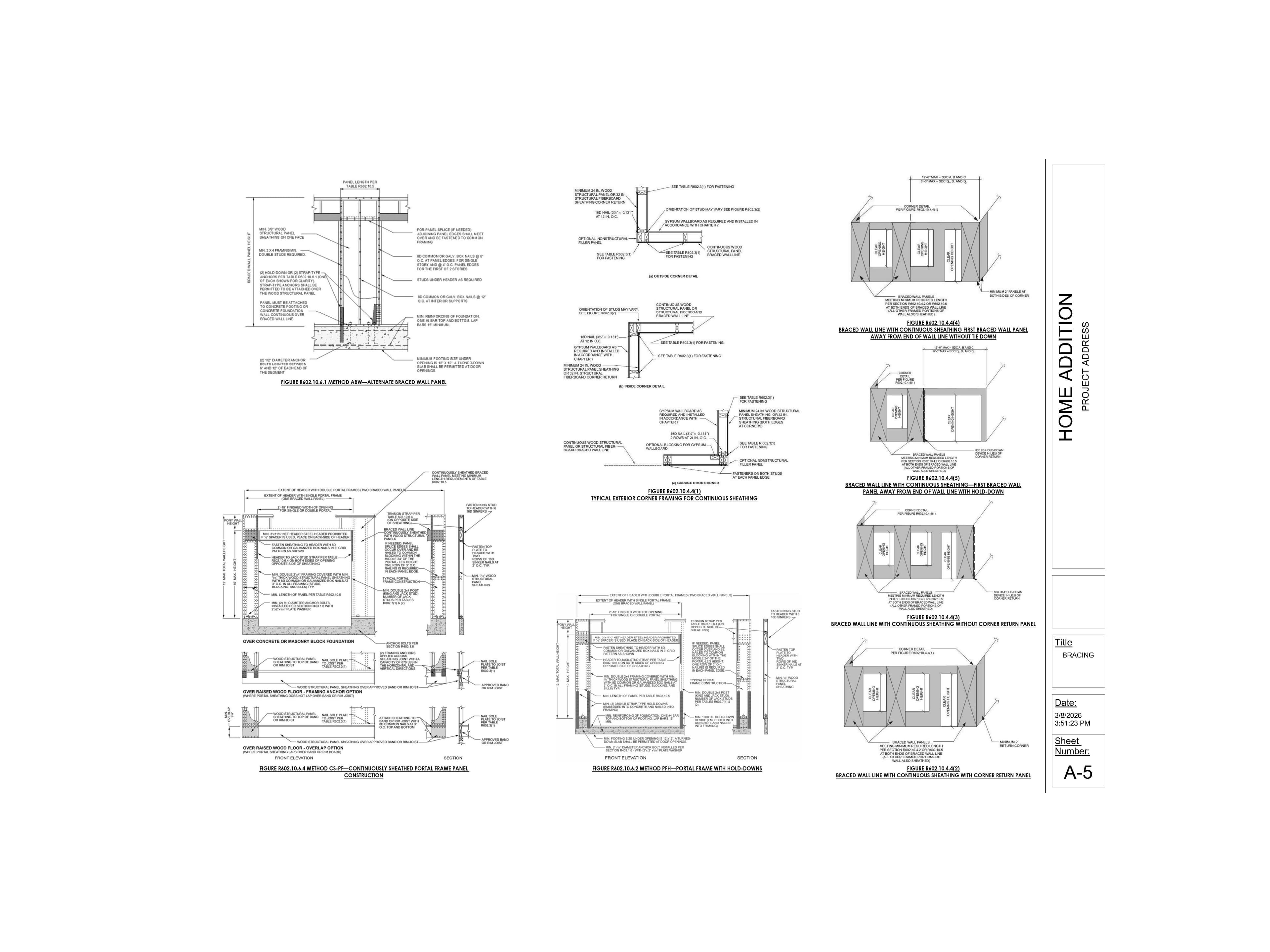 Technical architectural diagrams detailing structural wall bracing and sheathing methods for a home addition project.