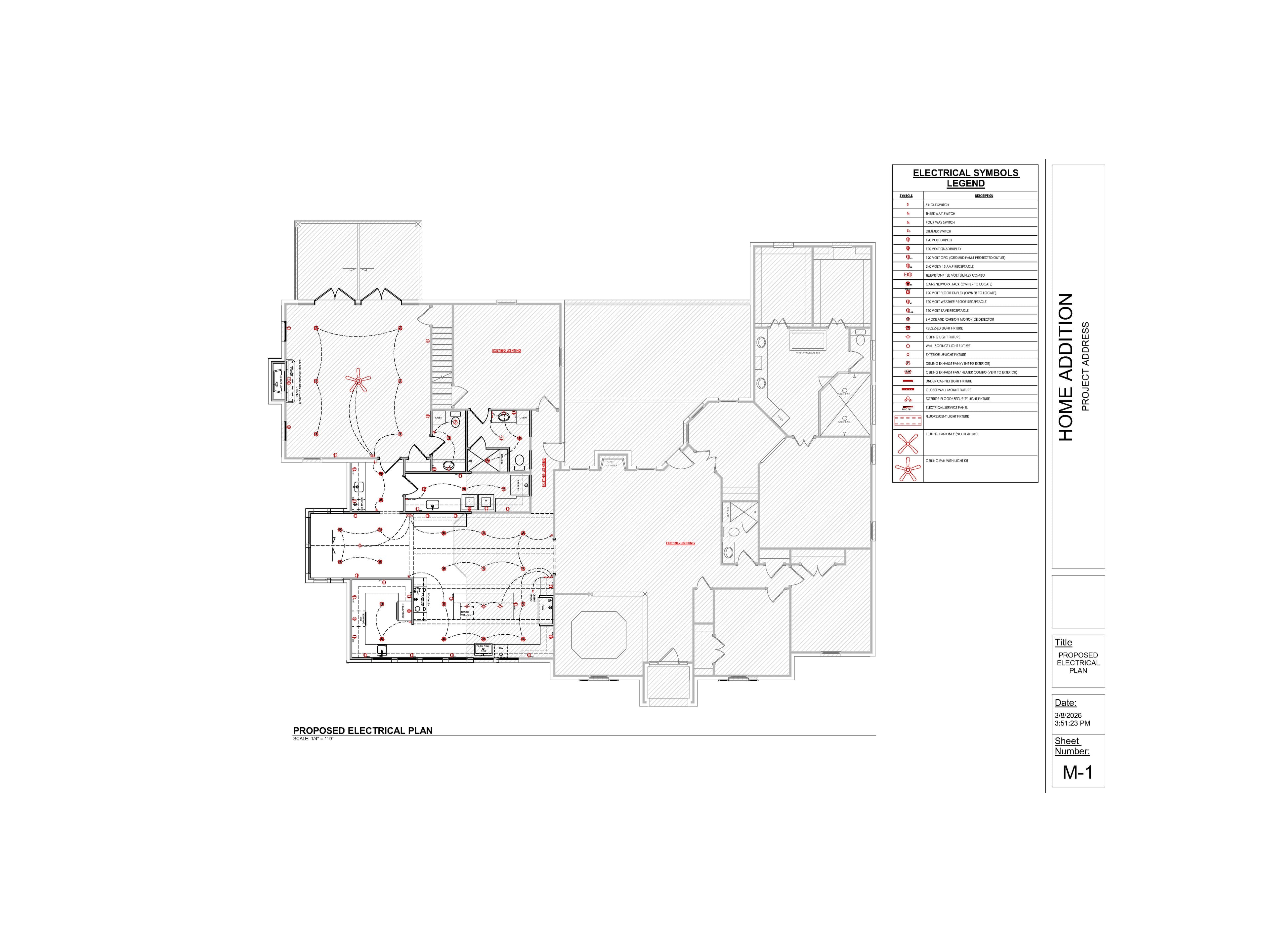 Proposed electrical plan for a home addition showing floor layout, wiring, and a symbols legend.