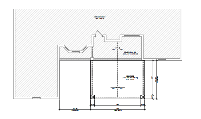 Architectural floor plan showing a new patio addition with vaulted ceiling and detailed dimensions.